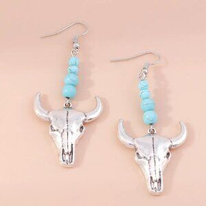 Western Style Turquoise and Silver Bull Skull Boho Style Drop Earrings
